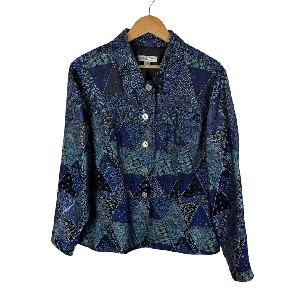 Coldwater Creek Blue‎ Patchwork Paisley Button Front Jacket Size XL Boho Retro